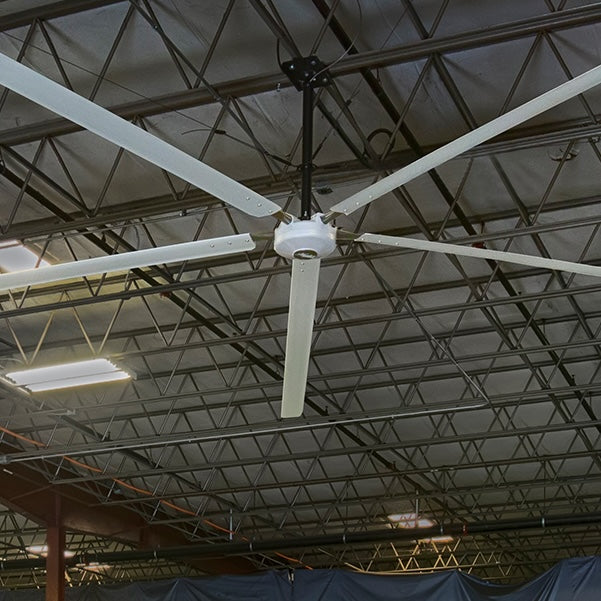 Hunter Industrial Titan HVLS fan in modern commercial facility with city skyline view