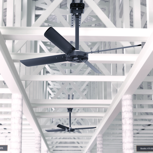 XP HVLS Ceiling fans in a modern in farmers market with exposed beams.